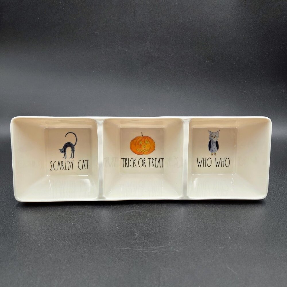Rae Dunn Melamine Halloween Divided 3 Section Dish Black Cat Jack Olantern Boo
